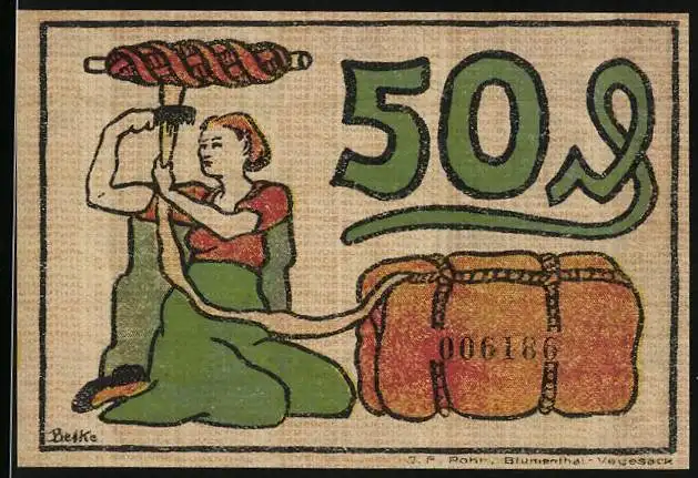 Notgeld Blumenthal i. H. 1921, 50 Pfennig, Industriearbeiter, Spinnerin