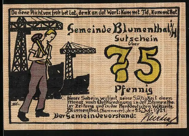 Notgeld Blumenthal i. H. 1921, 75 Pfennig, Industriearbeiter, Spinnerin