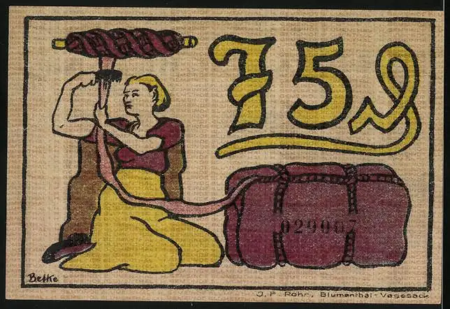 Notgeld Blumenthal i. H. 1921, 75 Pfennig, Industriearbeiter, Spinnerin