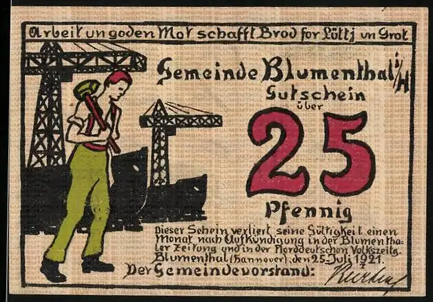 Notgeld Blumenthal i. H. 1921, 25 Pfennig, Industriearbeiter, Spinnerin