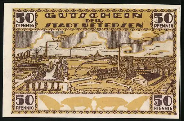 Notgeld Uetersen-Holstein, 50 Pfennig, Ortspartie mit Kirche und Wappen, Fabrik