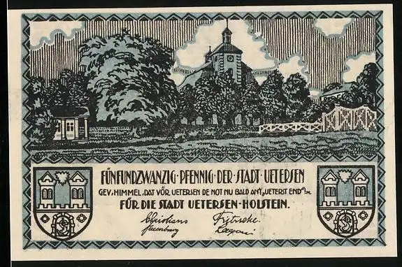 Notgeld Uetersen-Holstein, 25 Pfennig, Ortspartie mit Kirche und Wappen, Fabrik