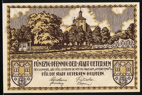 Notgeld Uetersen-Holstein, 50 Pfennig, Ortspartie mit Kirche und Wappen, Fabrik