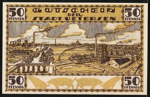 Notgeld Uetersen-Holstein, 50 Pfennig, Ortspartie mit Kirche und Wappen, Fabrik