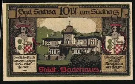 Notgeld Bad Sachsa am Südharz 1921, 10 Pfennig, Städt. Badehaus und Wappen