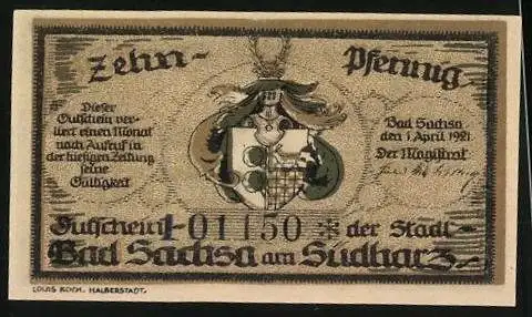 Notgeld Bad Sachsa am Südharz 1921, 10 Pfennig, Städt. Badehaus und Wappen