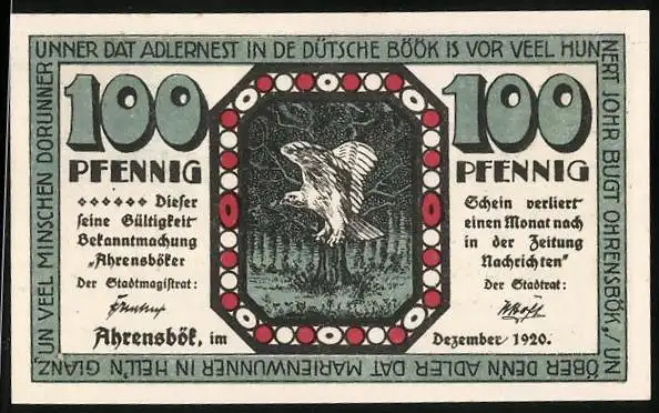 Notgeld Ahrensbök 1920, 100 Pfennig, Vogel auf dem Baum, Ortsansicht mit Kirche