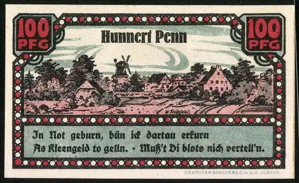 Notgeld Ahrensbök 1920, 100 Pfennig, Vogel auf dem Baum, Ortsansicht mit Kirche