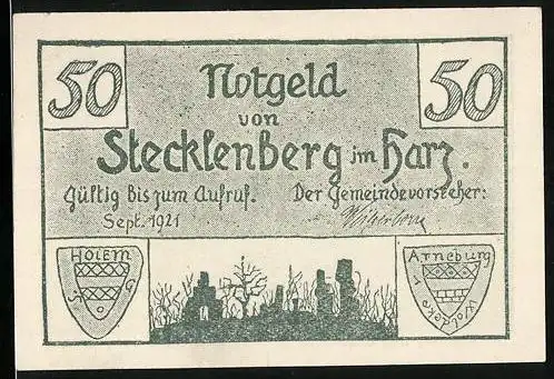 Notgeld Stecklenberg im Harz 1921, 50 Pfennig, wappen, Stecklenburg und Lauenburg um das Jahr 1840