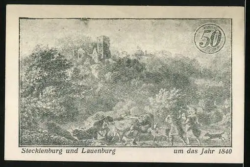 Notgeld Stecklenberg im Harz 1921, 50 Pfennig, wappen, Stecklenburg und Lauenburg um das Jahr 1840