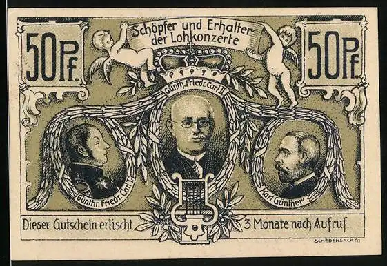 Notgeld Sondershausen 1921, 50 Pfennig, Schöpfer und Erhalter der Lohkonzerte, Konzerthalle im Loh