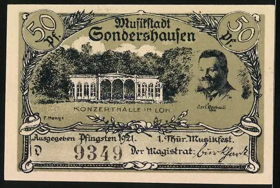 Notgeld Sondershausen 1921, 50 Pfennig, Schöpfer und Erhalter der Lohkonzerte, Konzerthalle im Loh