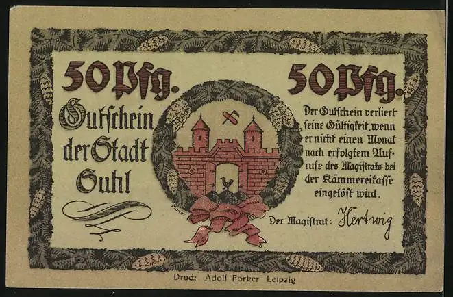 Notgeld Suhl, 50 Pfennig, Verschneite Ortspartie mit Denkmal, Stadttor