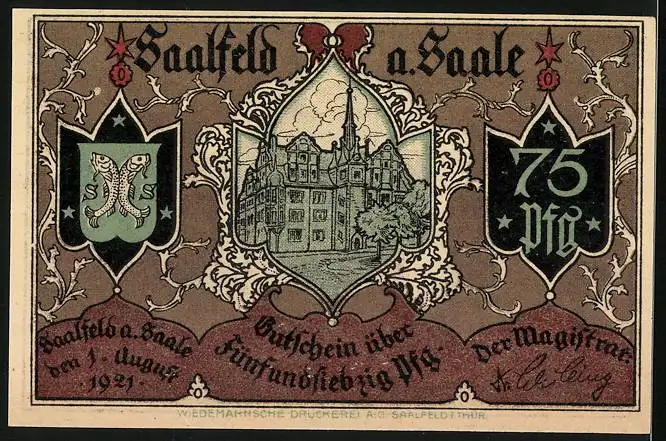 Notgeld Saalfeld a. Saale 1921, 75 Pfennig, Empfang von Emigranten auf dem Markt, Rathaus mit Wappen