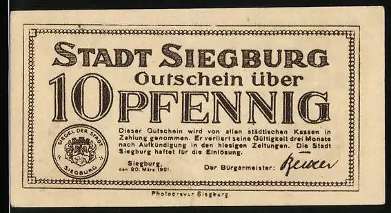 Notgeld Siegburg 1921, 10 Pfennig, Wappen mit Engel