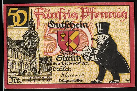 Notgeld Strelitz 1921, 50 Pfennig, Rathaus mit Wappen