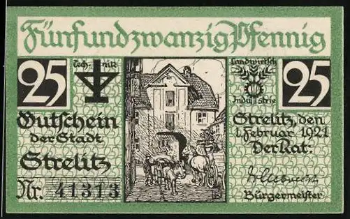 Notgeld Strelitz 1921, 25 Pfennig, Strassenpartie mit Kutsche, Ausrufer mit Glocke
