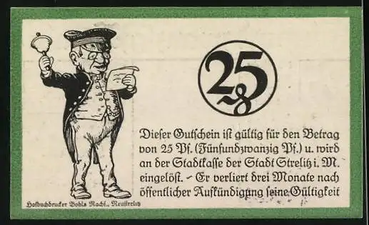 Notgeld Strelitz 1921, 25 Pfennig, Strassenpartie mit Kutsche, Ausrufer mit Glocke