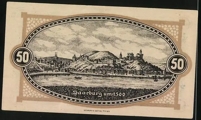 Notgeld Saarburg 1920, 50 Pfennig, Wappen mit Weintrauben, Ortsansicht um 1500