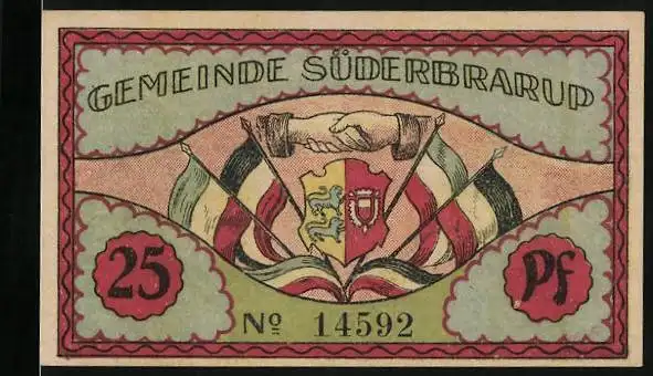 Notgeld Süderbrarup, 25 Pfennig, Handschlag mit Fahnen und Wappen, Kampf gegen den Drachen