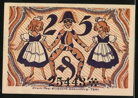 Notgeld Sonneberg 1921, 25 Pfennig, Mädchen mit Mann in Faschingskostümen
