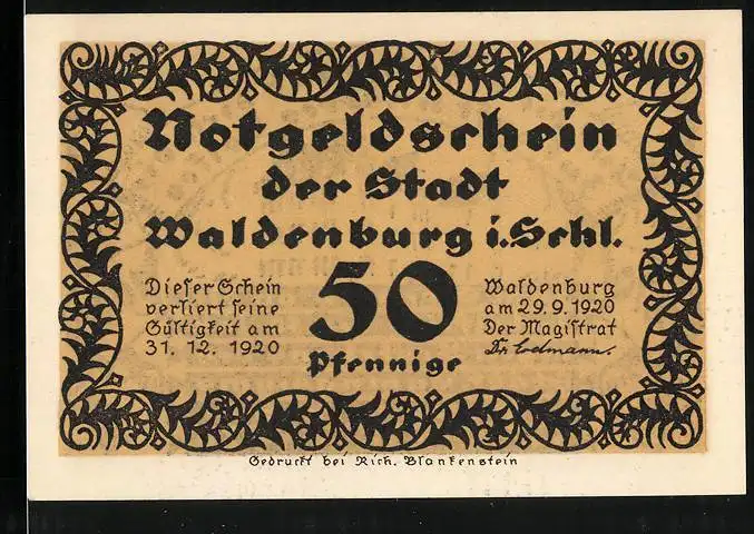 Notgeld Waldenburg i. Schlesien 1920, 50 Pfennig, Jubelfeier des 50jährigen Bestehens des Städt. Gymnasiums