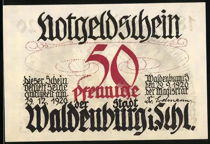 Notgeld Waldenburg in Schlesien 1920, 50 Pfennig, Gedenken an die Feier des 50jährigen Bestehens des Städt. Gymnasiums