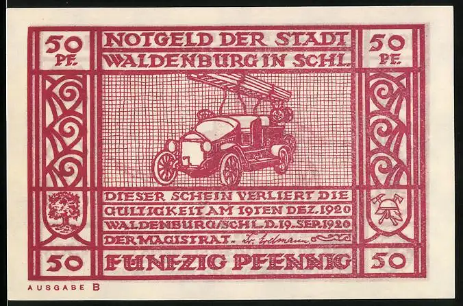 Notgeld Waldenburg i. Schles. 1919, 50 Pfennig, Gedenken an die Feier des 50 jähr. Bestehens der Freiw. Feuerwehr
