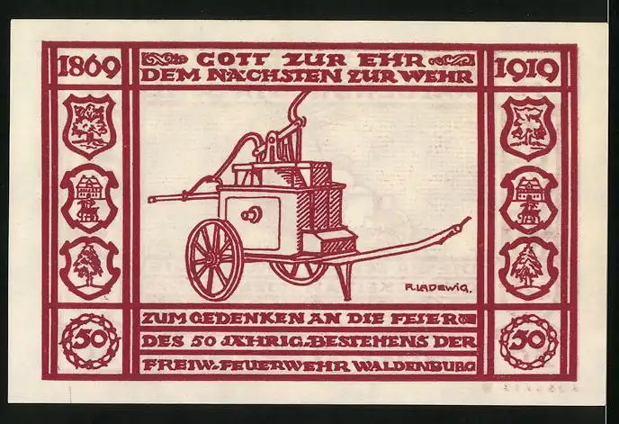 Notgeld Waldenburg i. Schles. 1919, 50 Pfennig, Gedenken an die Feier des 50 jähr. Bestehens der Freiw. Feuerwehr