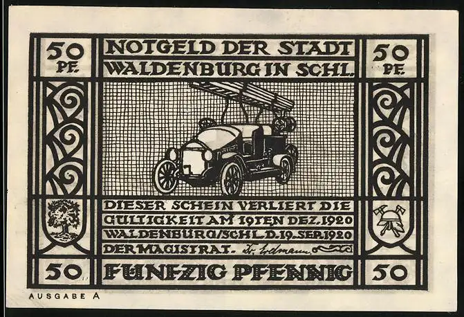 Notgeld Waldenburg i. Schles. 1920, 50 Pfennig, Gedenken an die Feier des 50 jähr. Bestehens der Freiw. Feuerwehr
