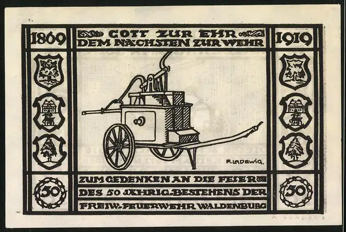 Notgeld Waldenburg i. Schles. 1920, 50 Pfennig, Gedenken an die Feier des 50 jähr. Bestehens der Freiw. Feuerwehr