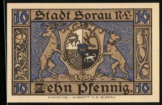 Notgeld Sorau N.-L. 1921, 10 Pfennig, Wappen Wahrzeichen der Stadt Die drei Getreuen