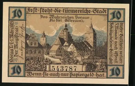 Notgeld Sorau N.-L. 1921, 10 Pfennig, Wappen Wahrzeichen der Stadt Die drei Getreuen