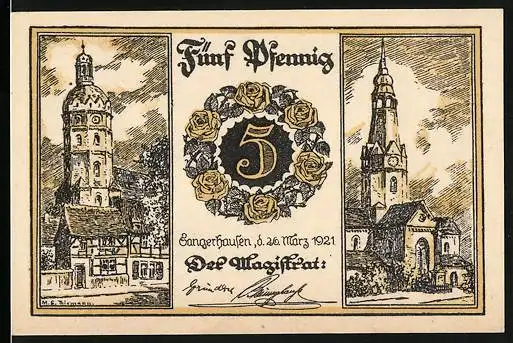 Notgeld Sangerhausen 1921, 5 Pfennig, zwei Kirchen und Bergmann