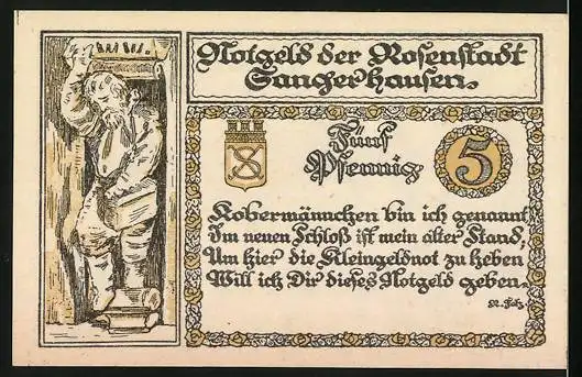 Notgeld Sangerhausen 1921, 5 Pfennig, zwei Kirchen und Bergmann