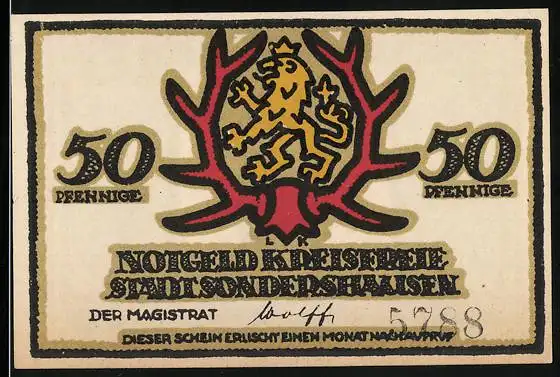 Notgeld Sondershausen, 50 Pfennig, Wappen und nackter Mann