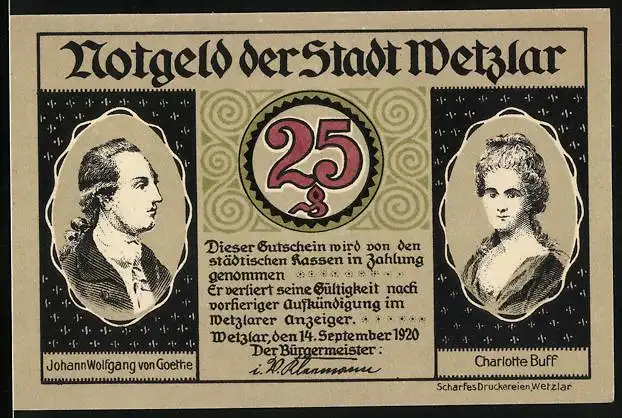 Notgeld Wetzlar 1920, 25 Pfennig, Porträts Johann Wolfgang von Goethe und Charlotte Buff und Goethebrunnen