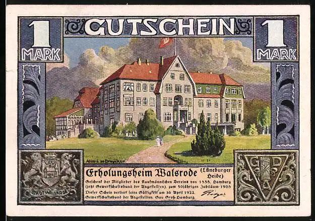 Notgeld Walsrode i. Lüneburger Heide 1922, 1 Mark, Erholungsheim, Ortspartie