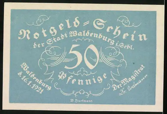 Notgeld Waldenburg i. Schles., 1921, 50 Pfennig, Zum Gedenken an das 140 jährige Bestehen der Bergkapelle