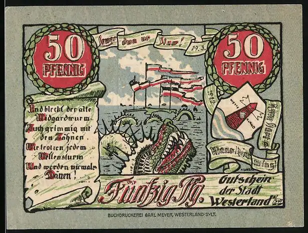 Notgeld Westerland /Sylt 1923, 50 Pfennig, Drachen bedroht Schiff und Stadt-Wappen