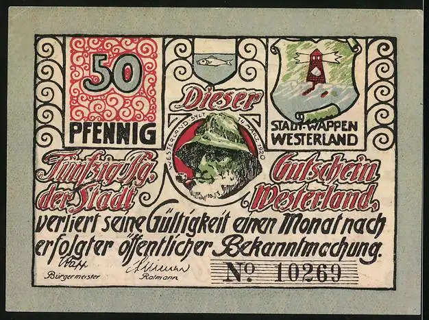 Notgeld Westerland /Sylt 1923, 50 Pfennig, Drachen bedroht Schiff und Stadt-Wappen