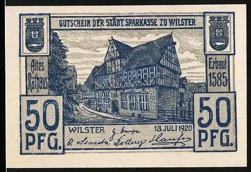 Notgeld Wilster 1920, 50 Pfennig, Rathaus und Partie aus der Marsch