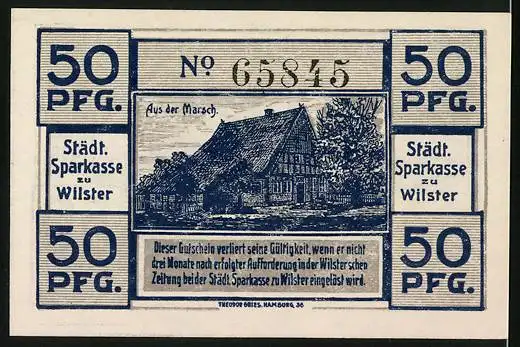 Notgeld Wilster 1920, 50 Pfennig, Rathaus und Partie aus der Marsch