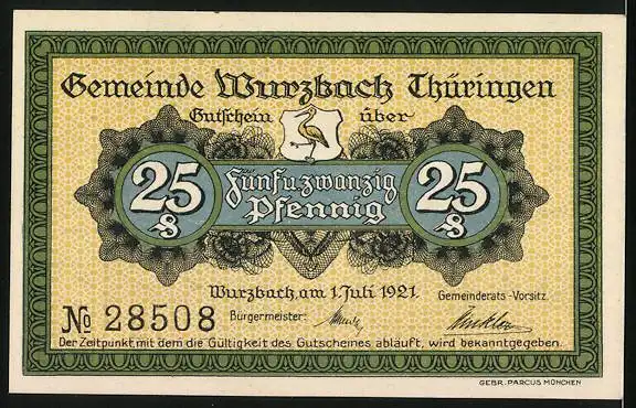 Notgeld Wurzbach i. Thüringen 1921, 25 Pfennig, Eienhüttenwerk Heinrichshütte