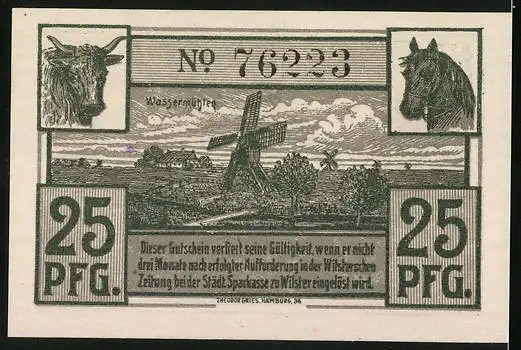 Notgeld Wilster 1920, 25 Pfennig, Rathaus und Wassermühlen
