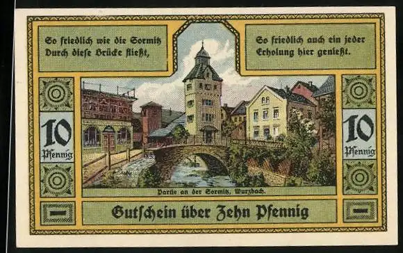 Notgeld Wurzbach i. Thüringen 1921, 10 Pfennig, Partie an der Sormitz