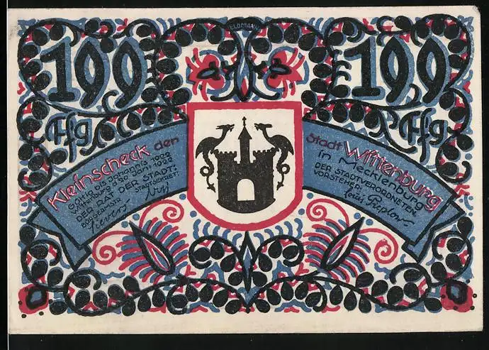 Notgeld Wittenburg in Mecklenburg 1922, 199 Pfennige, Wappen und Gedenkstein bei Waschow-Wittenburg