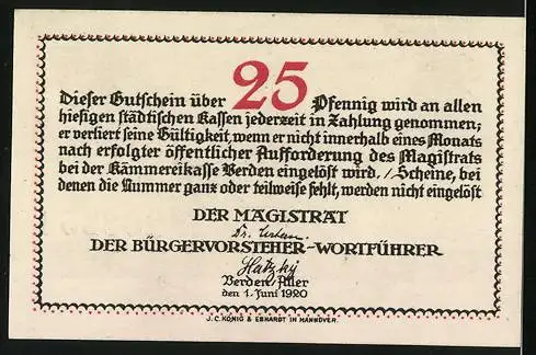 Notgeld Verden /Aller 1920, 25 Pfennig, Rathaus