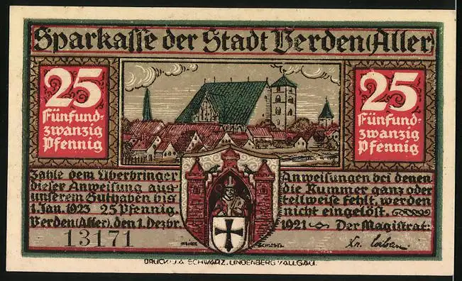 Notgeld Verden /Aller 1923, 25 Pfennig, Verteilung von Brot und Heringe, Ortsansicht mit Wappen