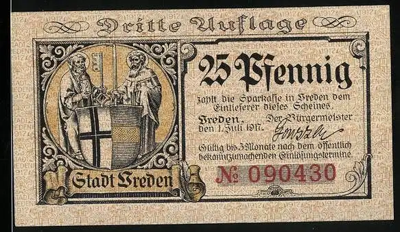 Notgeld Vreden in Westf. 1917, 25 Pfennig, Wappen der Stadt